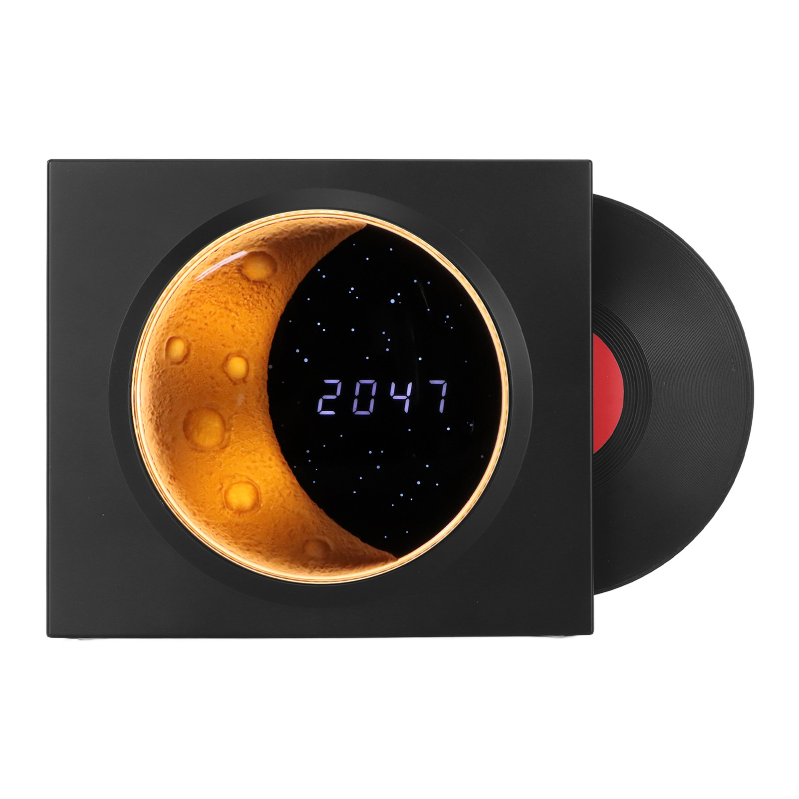 Retro-bluetooth-wecker Im Vintage-schallplattenspieler-stil Mit Mond- Und Sternen-nachtlicht, Schwarz