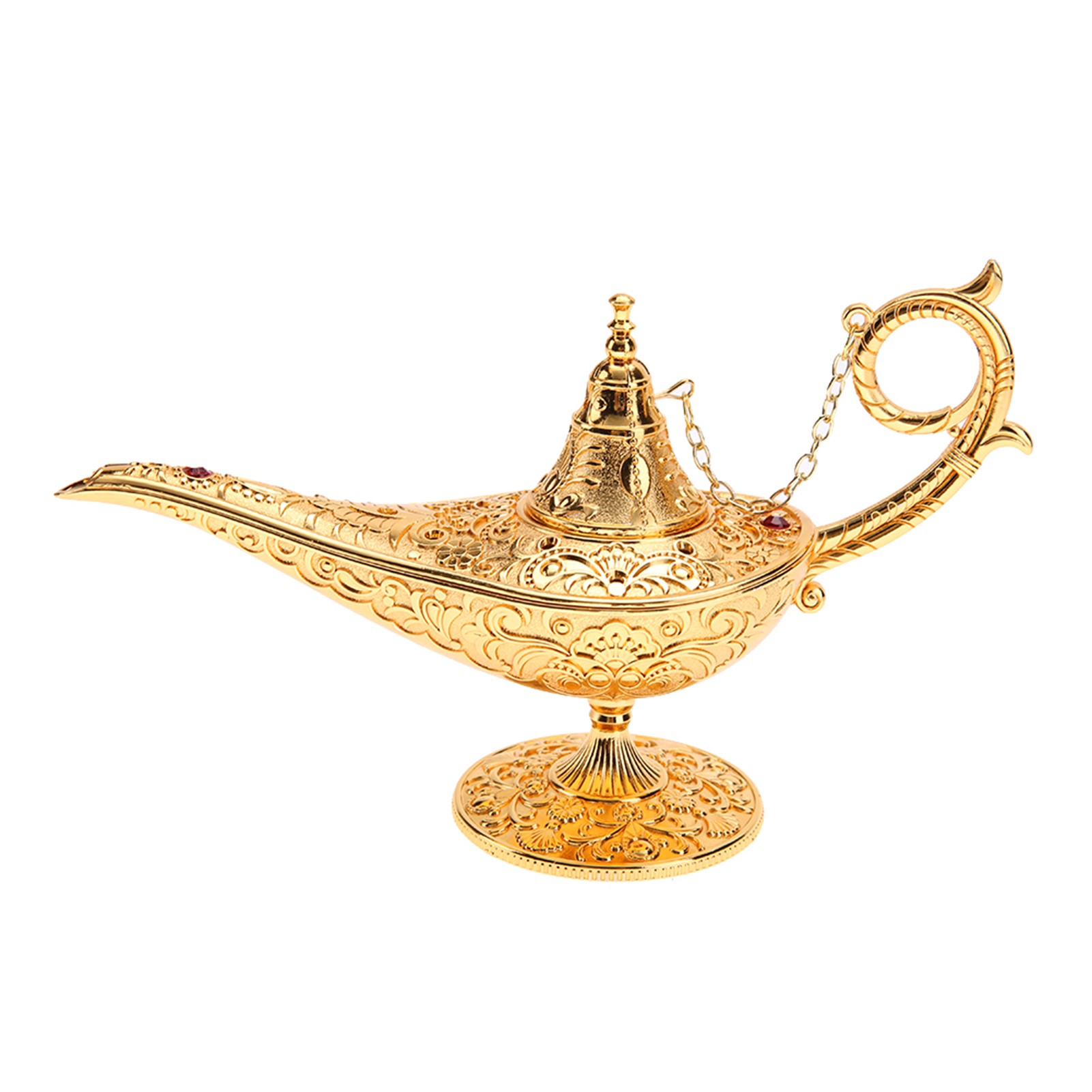 Hohle Lampe Aus Skulptiertem, Vergoldetem Metall, Inspiriert Von Der Legende Von Aladdin, Mit Einem Dekorativen Wunschkrug.
