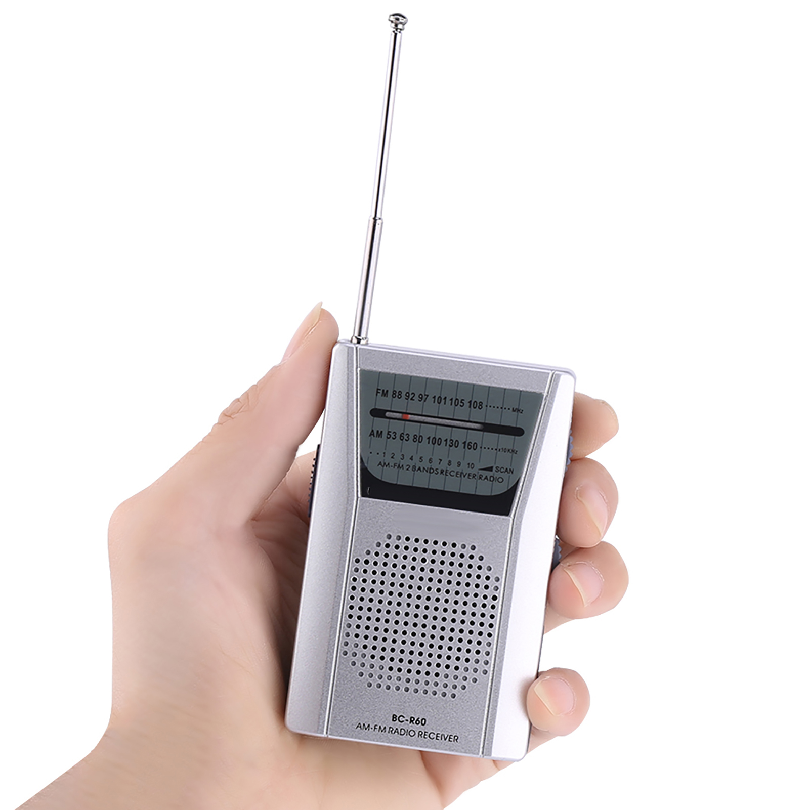 Mini-tragbares Universal-fm/am-radio Mit Eingebautem Lautsprecher, Silberfarben.