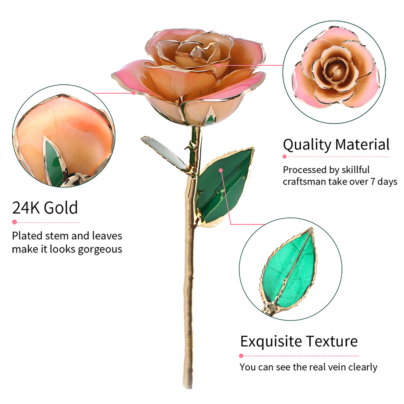 24-karätige Goldrose, Rosa Und Weiß, Ewiges Geschenk Mit Langem, Getauchtem Stiel, Handgefertigt