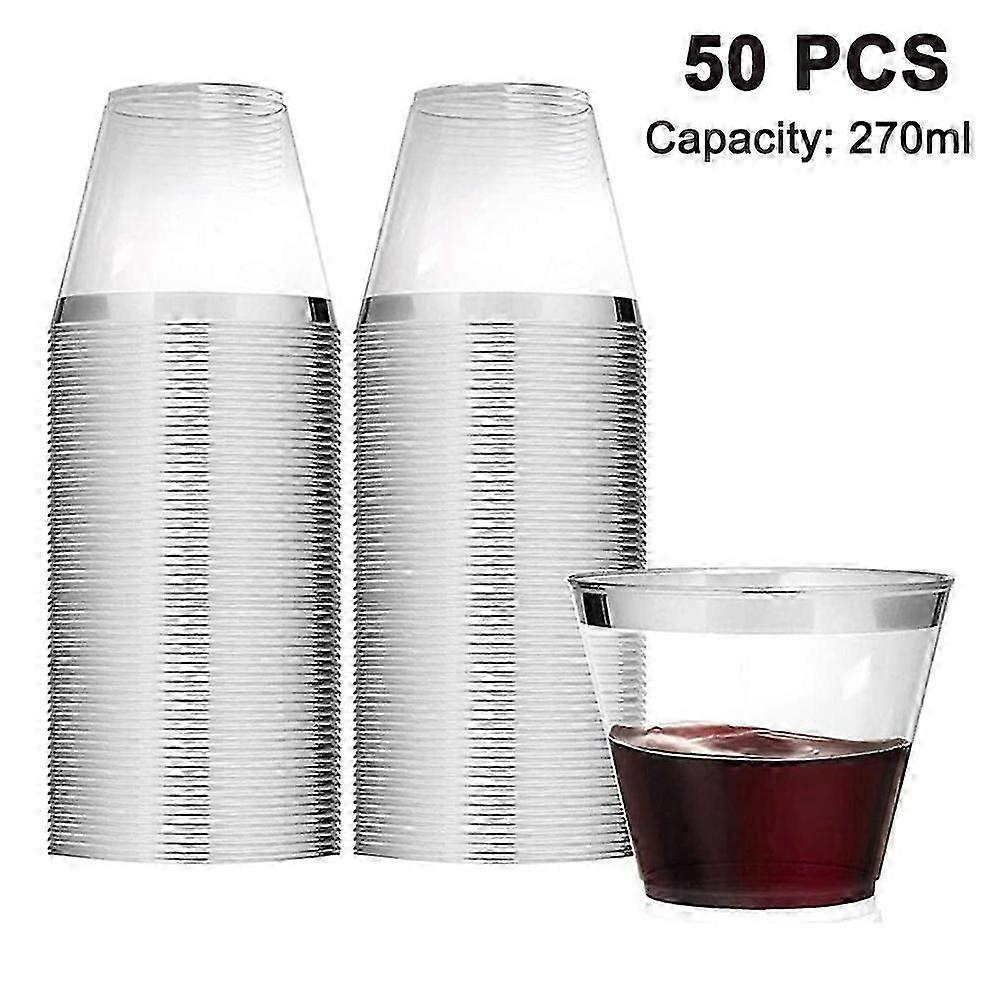Piao 50er-packung Kunststoff-cocktailgläser, 26 Cl, Transparente Becher Mit Bruchfestem Rand, Einwegbecher, Für Hochzeiten, Geburtstage Und Partys. Silberner Rand.