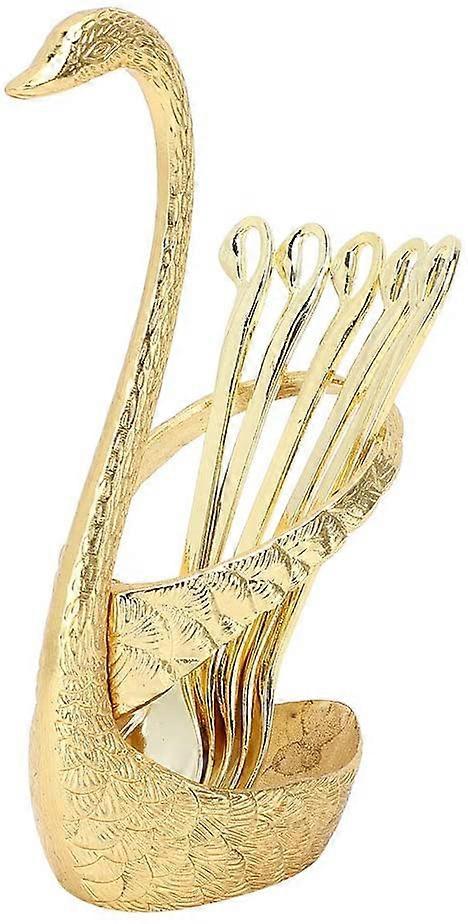 Set Mit 6 Kleinen Teelöffeln, Mini-dessertlöffeln Mit Schwanenförmigem Ständer, Edelstahl (gold)