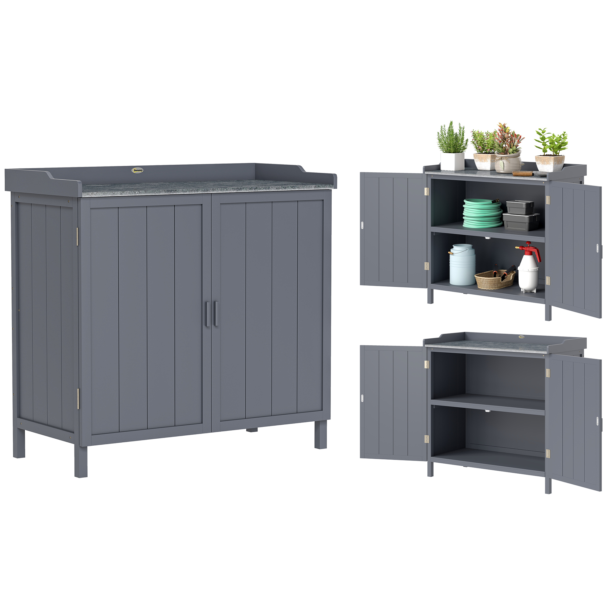 Freistehender Gartenschrank, 2-in-1-pflanztisch, Doppeltür, Ablage, Verzinkte Stahlplatte – Grau