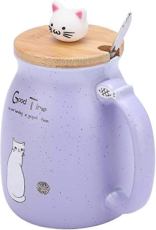 Personalisierter Kaffeebecher, Keramischer Teebecher In Katzenform Mit Holzdeckel Und Edelstahllöffel