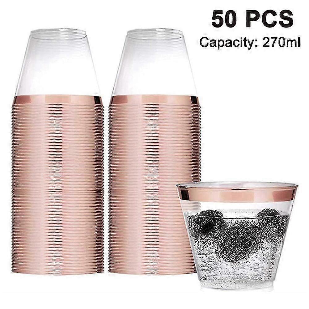 Piao 50er-packung Kunststoff-cocktailgläser, 26 Cl, Stabile Becher Mit Transparentem Rand, Einwegbecher, Ideal Für Hochzeiten, Geburtstage Und Andere Feiern. Roségoldener Rand.