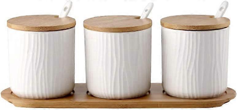 Keramik-gewürztopf Mit Deckeln, Löffeln Und Serviertablett Aus Holz Für Die Küche, 9,5 X 28,5 Cm, Weiß