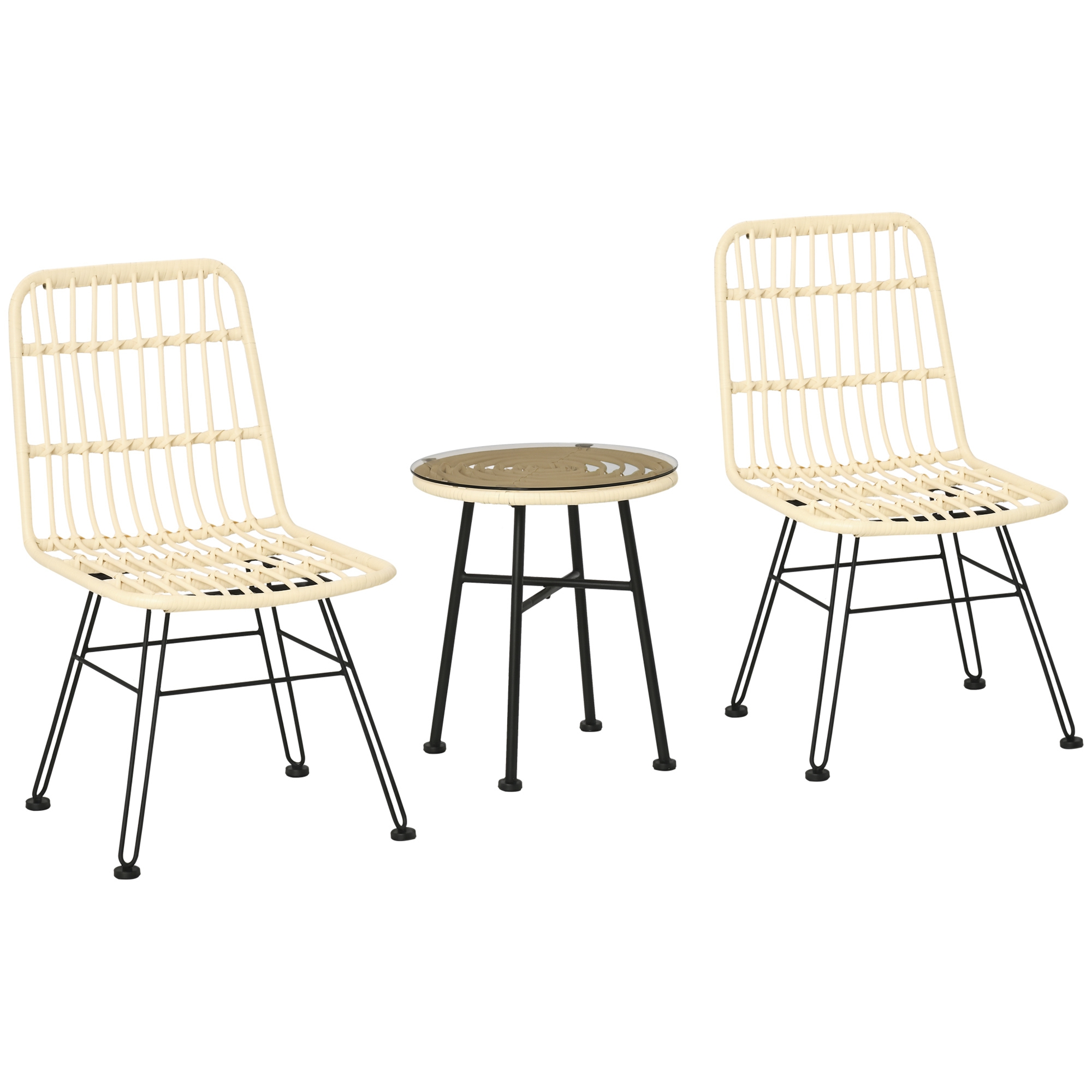 Polyrattan Bistroset 3-teilig Balkonmöbel Rattan Pe Stahlrahmen Couchtisch Mit Glasplatte 2 Sessel Creme