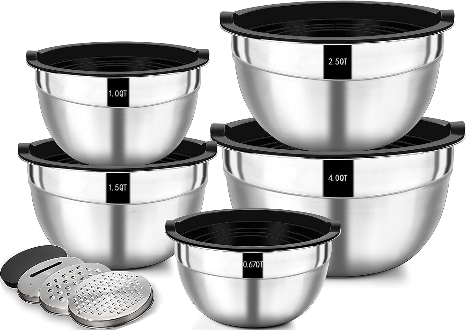 Rührschüssel Mit Deckel 5er Set, Edelstahl Salatschüssel Set Mit Luftdichtem Deckel, 3 Reibenaufsätzen,groß Rutschfest Schüssel Mit Deckel,stapelbar,spritzschutz,spülmaschinenfest