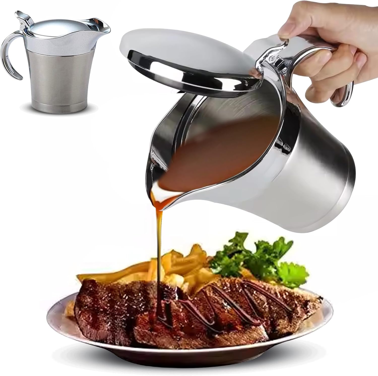 450ml Edelstahl Thermo Sauciere,doppelt Isoliert Thermo Sauciere Soßenkanne Saucenbecher Soßenschüssel Mit Deckel Für Servieren Soße,vanillesoße,sahne Für Abendessen, Restaurants,partys
