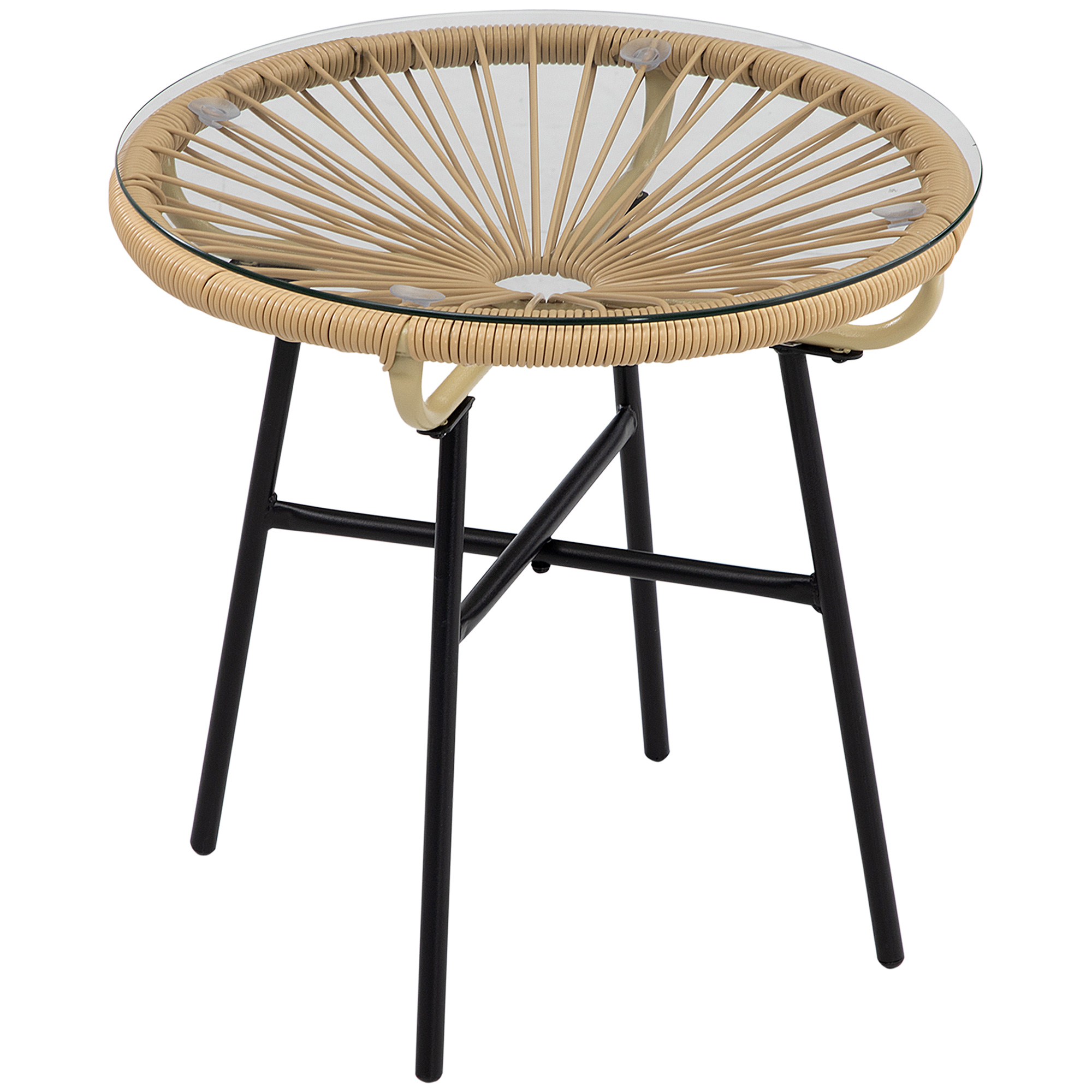 Polyrattan Beistelltisch Rund Outdoor Couchtisch Wetterfest Mit Gehärteter Glasplatte Ø50x50 Cm Beige