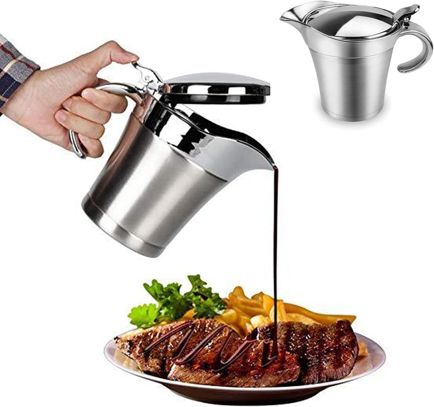 Sauciere, Edelstahl Thermo Sauciere Soßenkanne Mit Klappdeckel Doppelwandig Kanne Soßenschüssel Soßiere Für Abendessen, Restaurants, Partys, Weihnachten, Silber (450 Ml)