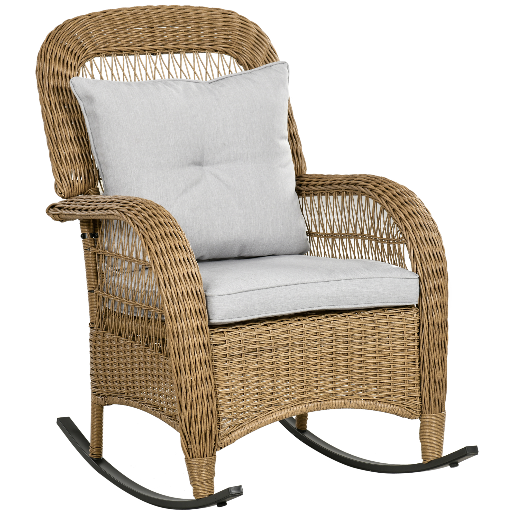 Rattan Schaukelstuhl Boho-stil Relaxsessel Polyrattan Pe Rocking Chair Waschbare Kissenbezüge Natur Grau