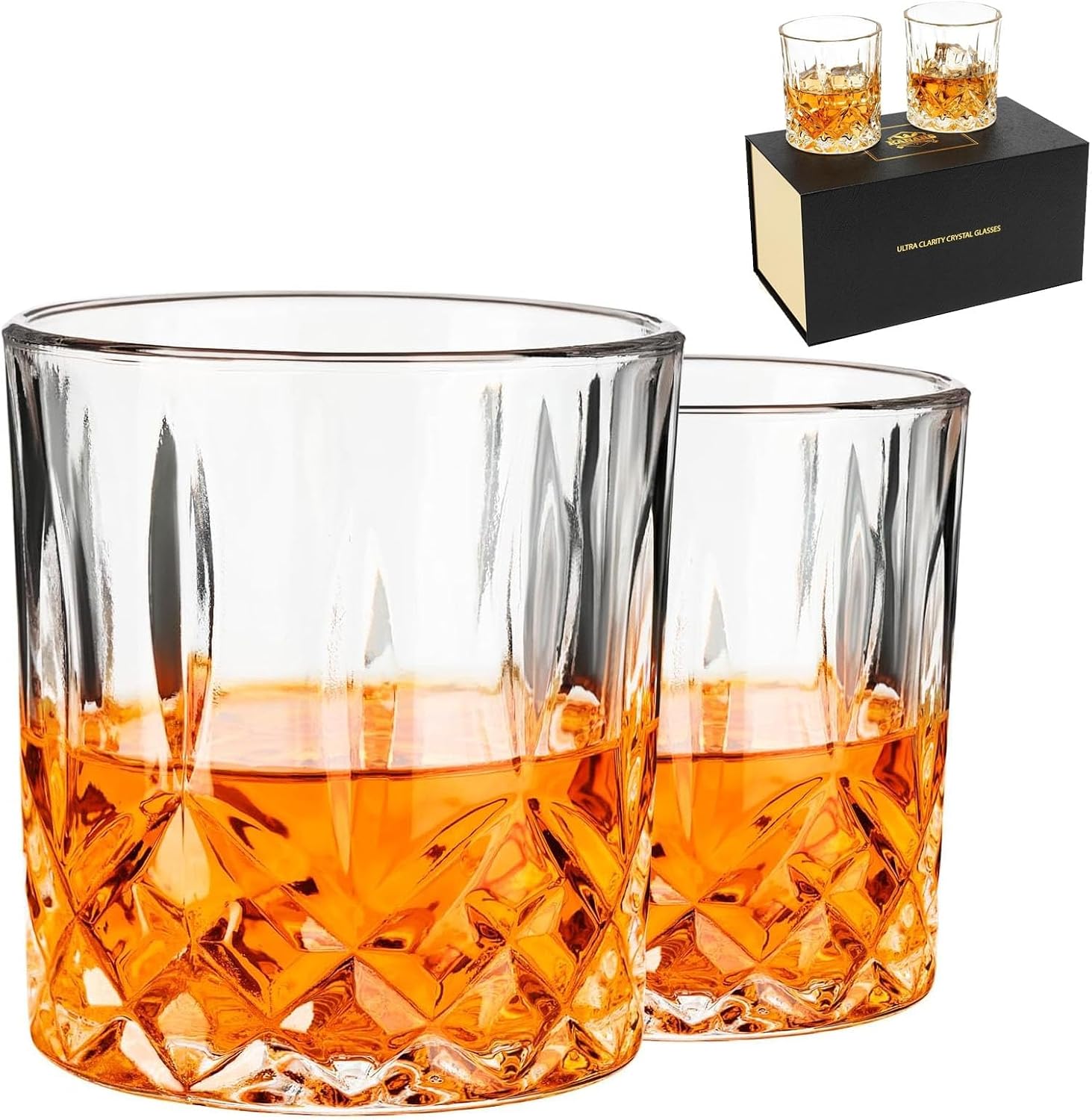 Whisky Gläser 2er Set, 300ml Bleifreie Kristallgläser, Rum Wodka Cocktail Gin Cognac Scotch Wasser Whiskyglas Geschenkset Für Männer