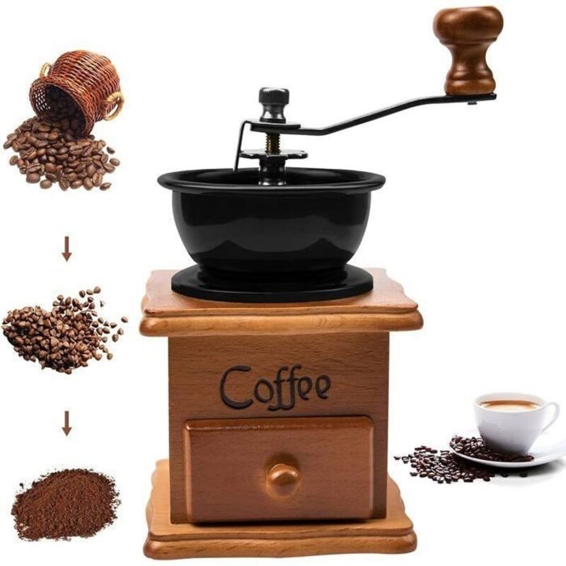 (braun, Schwarz) Manuelle Kaffeemühle – Vintage – Holz – Mahlgradeinstellung – 430 G – 16,5 X 6,5 X 9,5 Cm