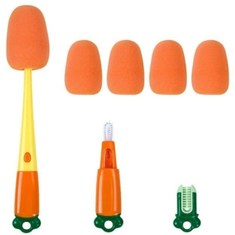 3-in-1 Babyflaschen-reinigungsbürste, Flaschenbürste Mit 4 Ersatz-schwammköpfen, Kratzfrei, Orange