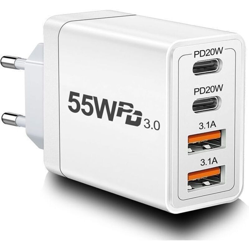 (weiß) 55-w-schnellladegerät – Multi-sektor – 4 Usb-anschlüsse – Kompatibel Mit Iphone, Ipad, Samsung – Sicherer Schutz