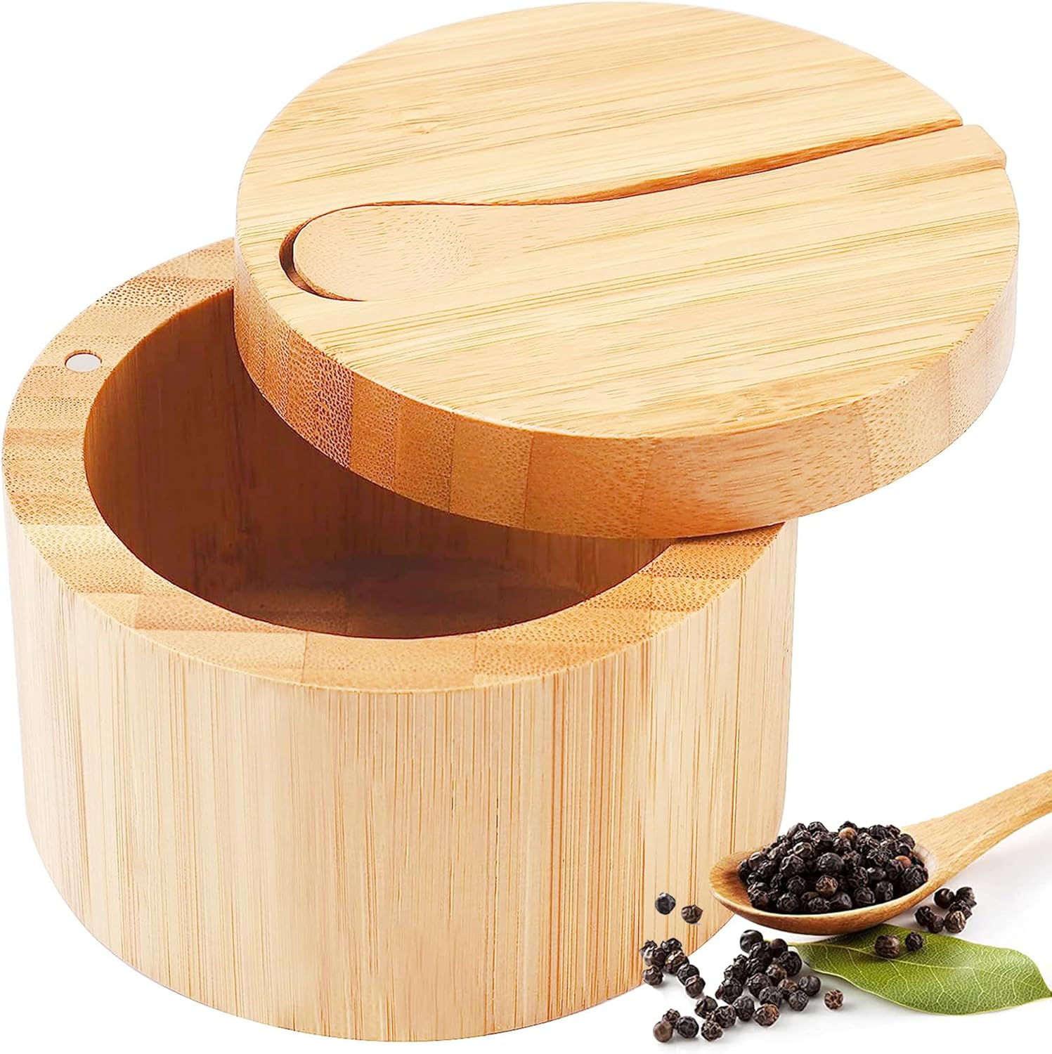 Salzstreuer, Drehbarer Deckel Und Drehbarer Magnetdeckel Sowie Ein Kleiner Holzlöffel Für Gewürze, Würzmittel Und Kochkräuter.