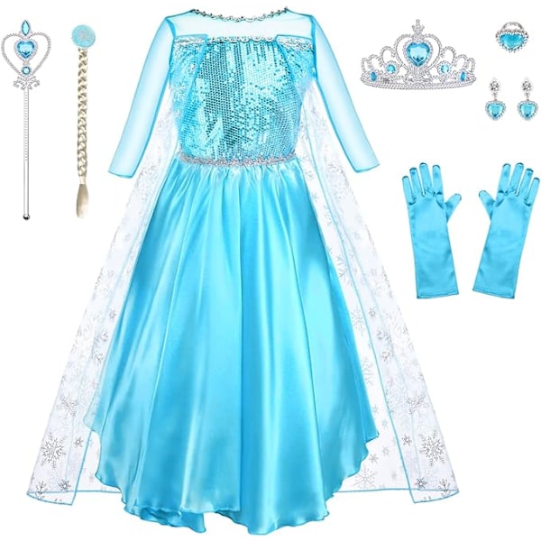 Kostüm Für Mädchen, 9-teilig, Elsa-kleid Für Kinder Mit Krone, Tiara, Handschuhen Und Zauberstab Für Weihnachten, Maskenball, Karneval, Halloween, Geburtstagsfeier