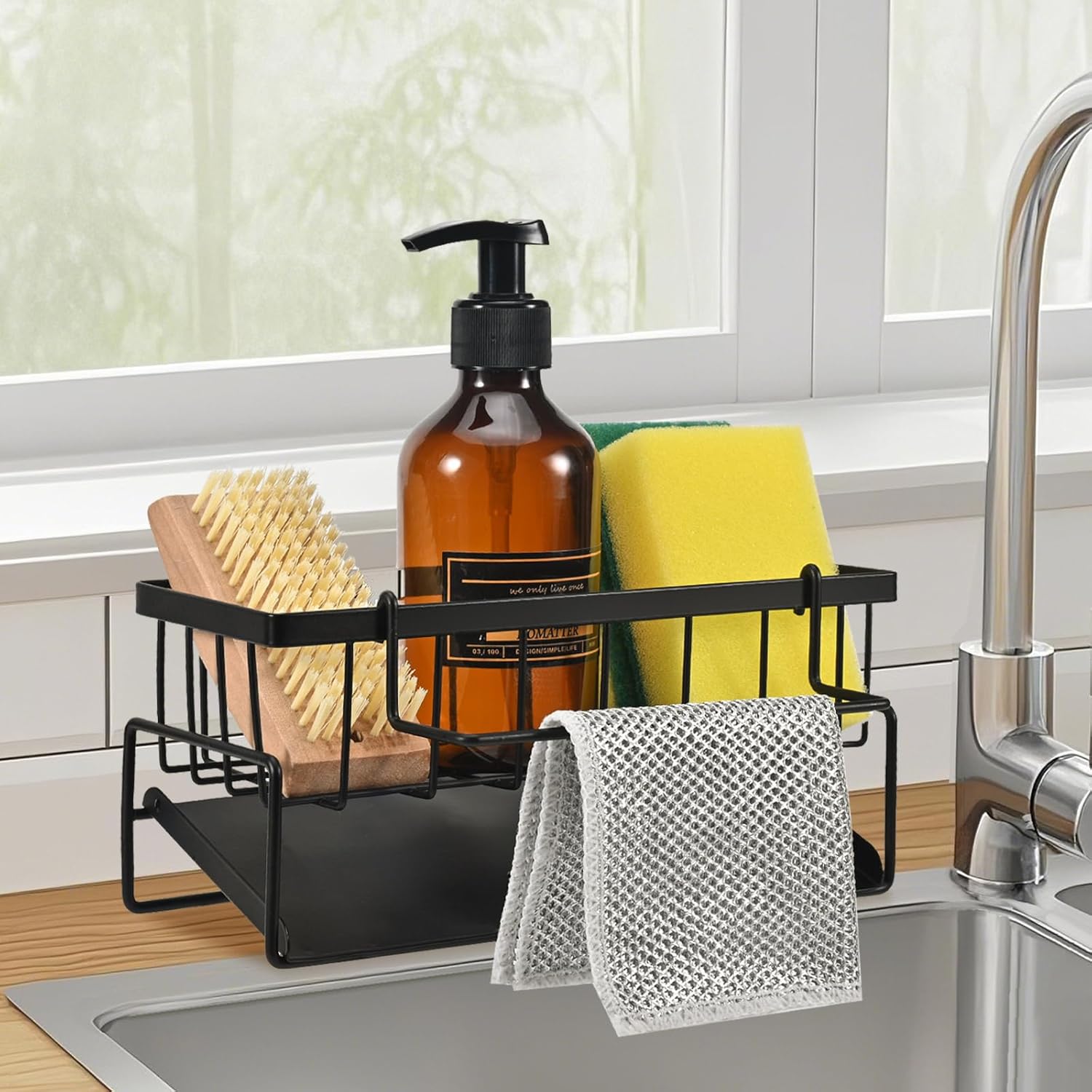 Abtropfgestell Für Die Küchenspüle, Edelstahl-spülbecken-organizer, Ablage Mit Automatischer Abtropfschale, Ideal Zur Aufbewahrung Von Schwämmen Und Geschirrtüchern, Schwarz