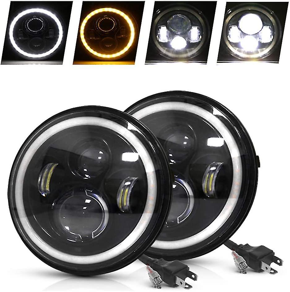 7-zoll-led-rundscheinwerfer Mit Zulassung, 2 Halo-projektorscheinwerfer Mit Angel-eye-ring Und Bernsteinfarbenem Tagfahrlicht, Ersatz Für Motorrad, Jeep, Land Rover Defender