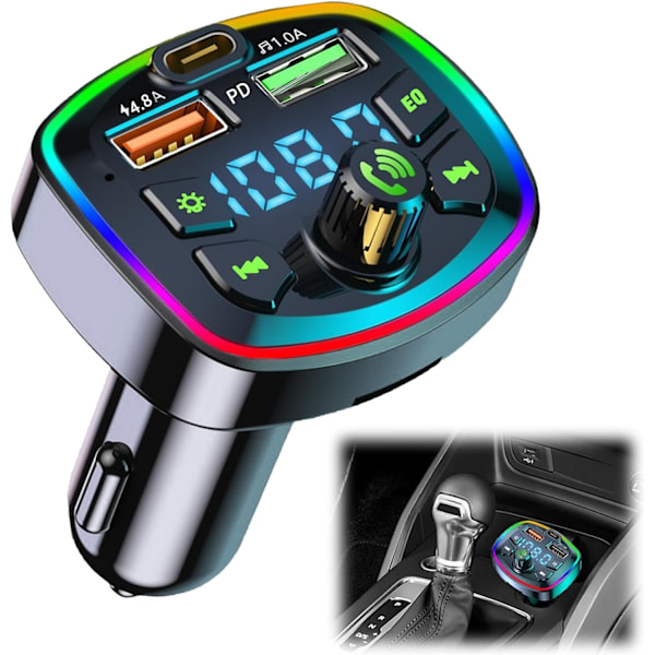 Bluetooth-fm-transmitter Für Autos, Bluetooth 5.0 Autozubehör, Bluetooth-freisprecheinrichtung Für Autos, Bluetooth-auto-audio-adapter, 2 Usb-anschlüsse + Typ C [4,8 A + 18 W Pd]