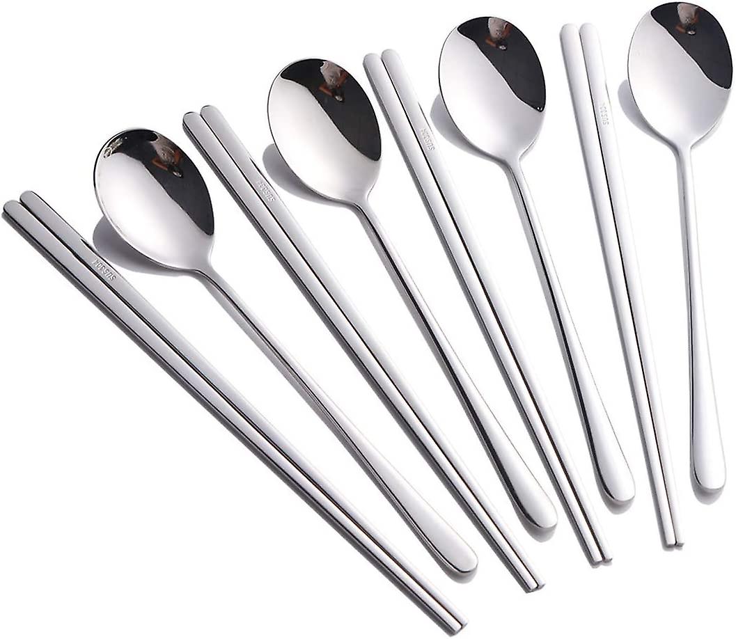 Set Aus 4 Löffeln Und Essstäbchen, Koreanisches Edelstahl-essgeschirr (8-teiliges Silberbesteck)
