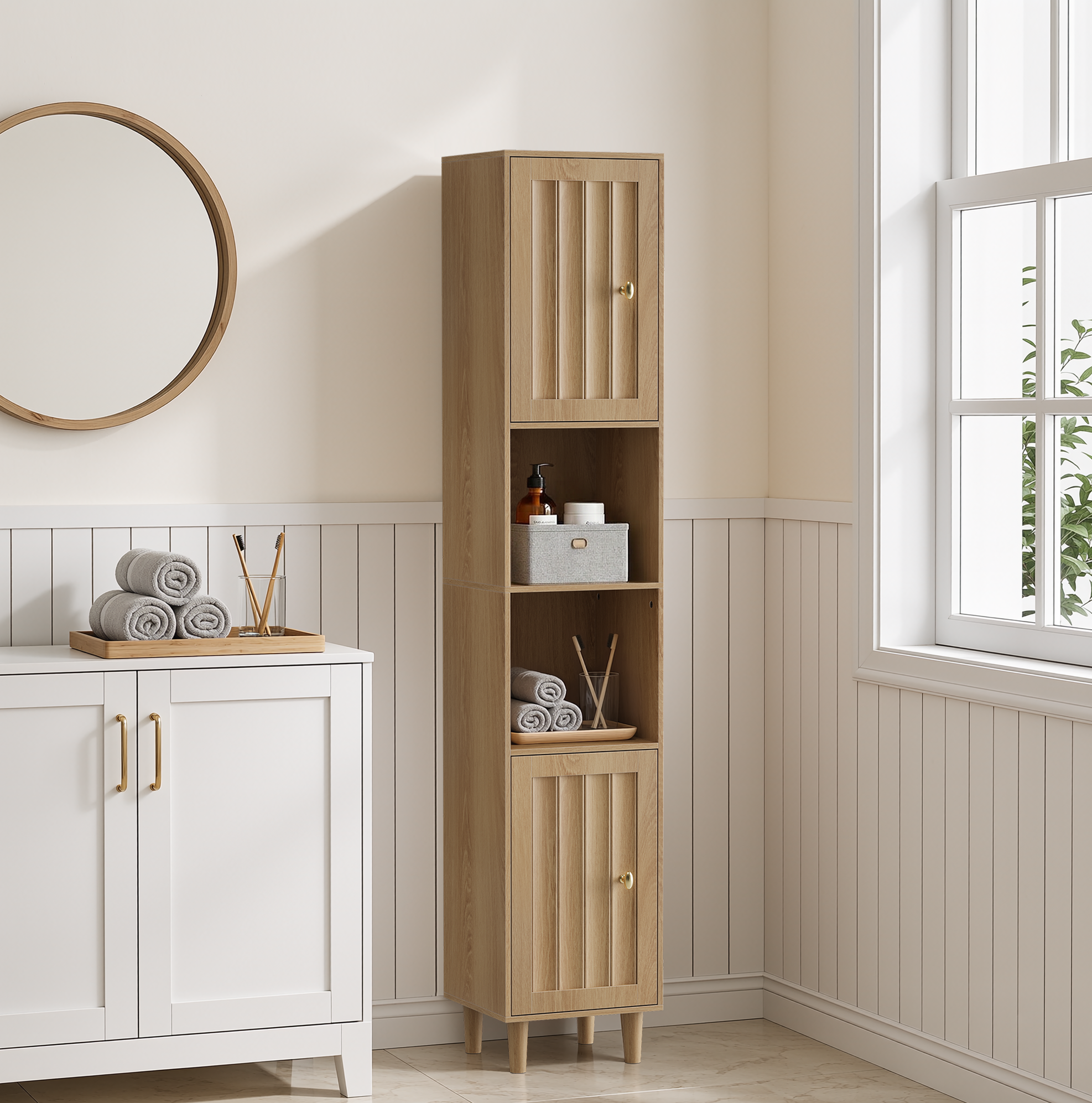 Badezimmerschrank Mdf Eiche-optik 32x30x169 Cm, Freistehend, Mit Türen Und Offenen Regalen