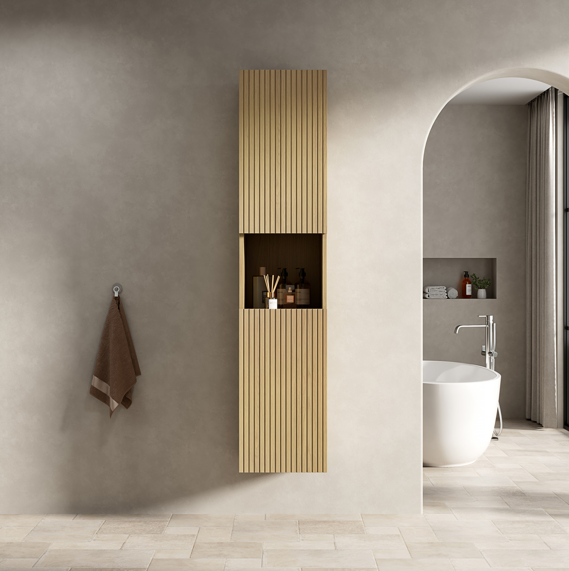 Badezimmer-wandschrank Aus Sperrholz Golden Oak, 160 Cm, Mit 2 Türen Und Offenem Fach