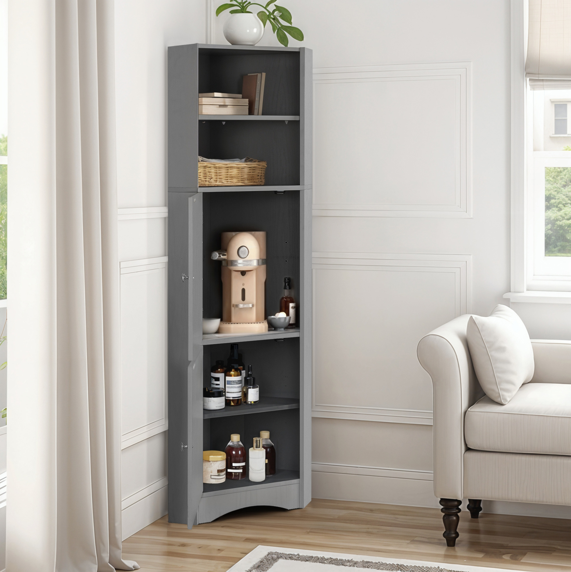 Badezimmerschrank Eckschrank Aus Spanplatte Grau 36,5x36,5x155 Cm Mit Offenen Fächern Und Verstellbarem Einlegeboden