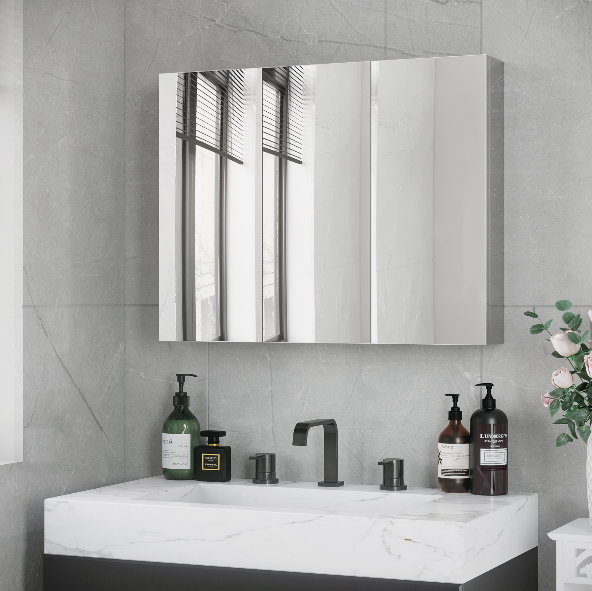 Spiegelschrank Edelstahl Silber 70 Cm, Hängeschrank Mit 3 Spiegeltüren Und 3 Innenböden