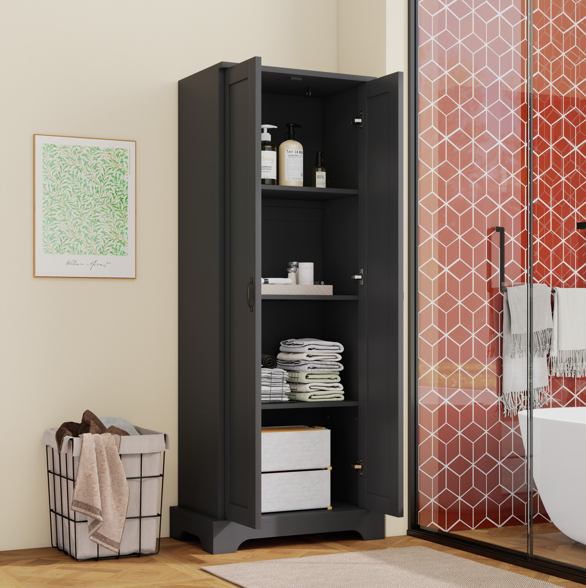 Badezimmerschrank Aus Mdf In Schwarz, 56 Cm, Freistehend, Mit 2 Türen, 4 Ablagefächern Und Verstellbaren Böden