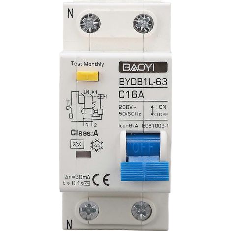 Fehlerstromschutzschalter Typ A, 16 A, Einpolig, N, 30 Ma, 230 V