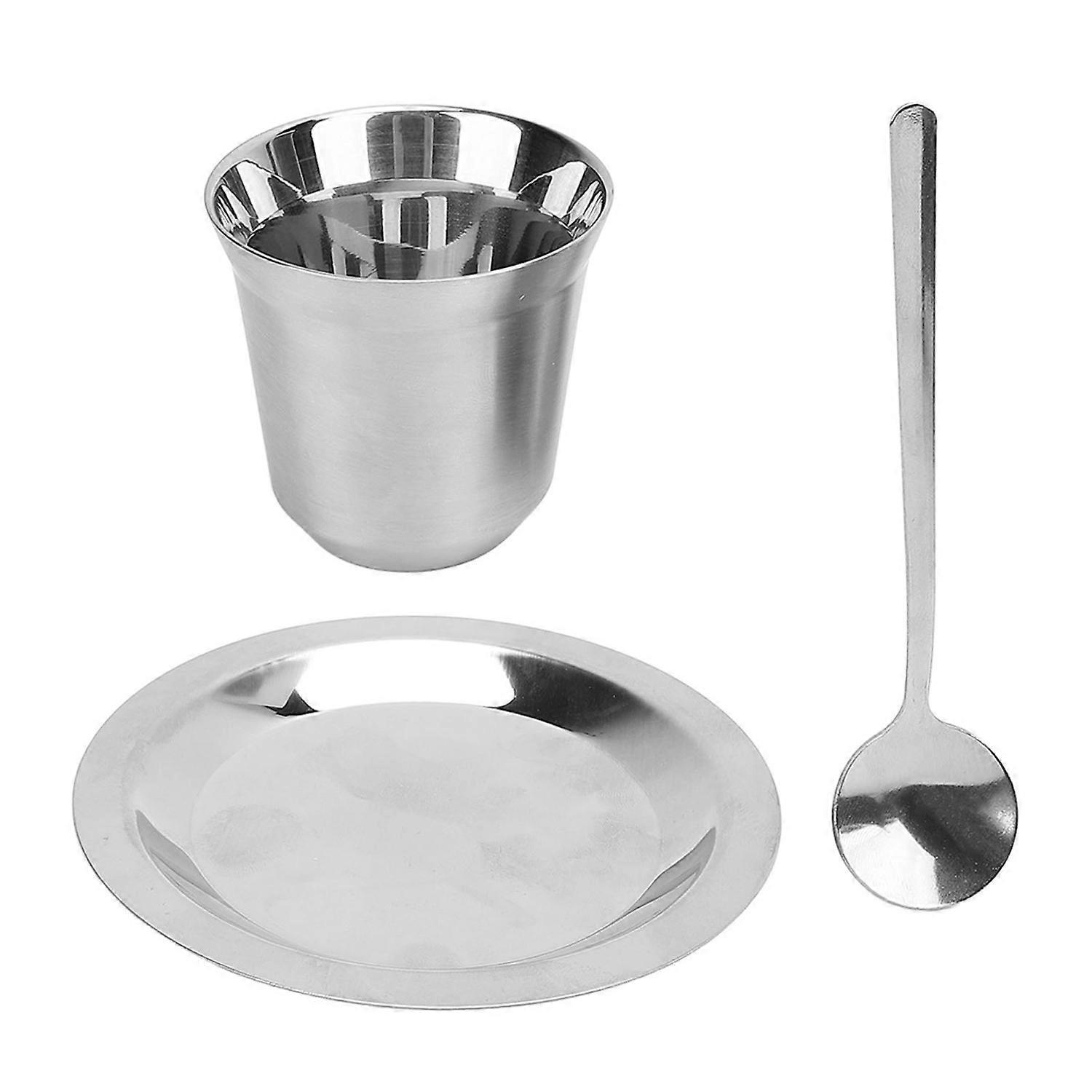 Kaffeetassenset Mit Untertasse Und Löffel, 80 Ml, Doppelwandig Isoliert, Edelstahl 304, Espressotasse Für Tee