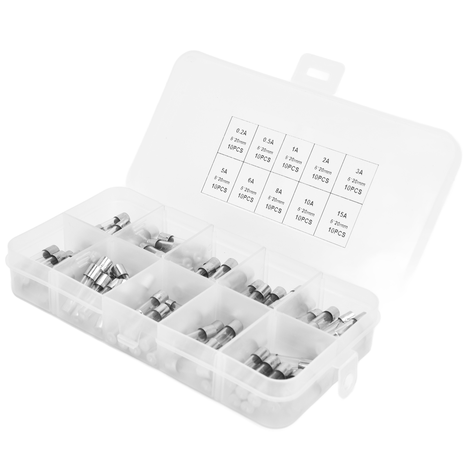 100 Stück Sicherungen (flink, Glas) 0,2 A, 0,5 A, 1 A, 2 A, 3 A, 5 A, 8 A, 10 A, 15 A, 20 A – Set Zum Schutz