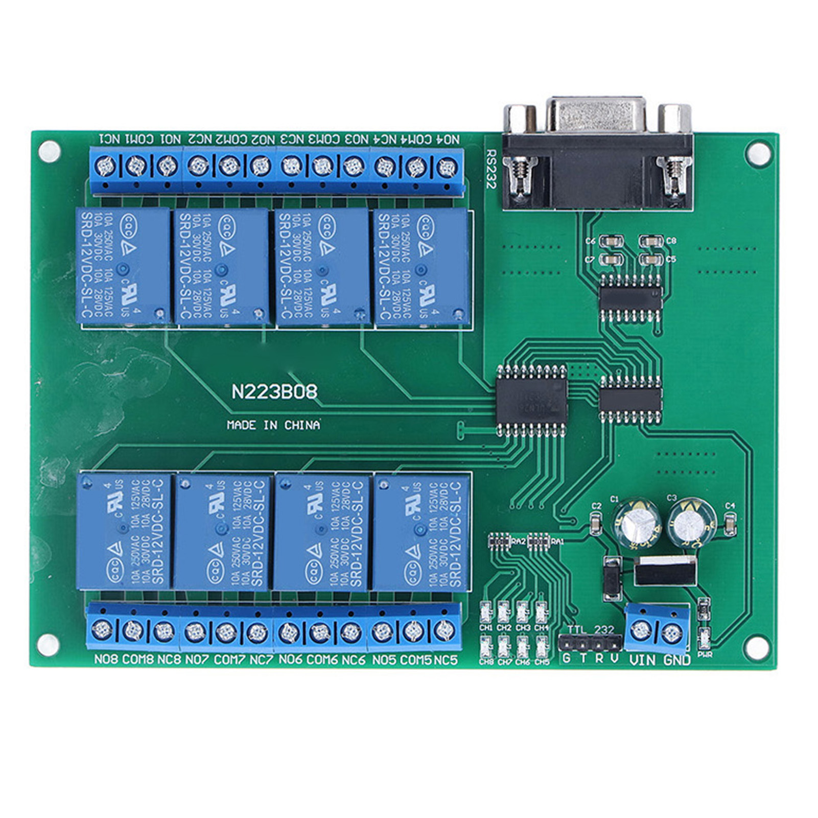 N223b08 8-kanal Dc 12v Rs232 Relaismodul, Serielle Schnittstelle, Fernbedienungsschaltplatine Mit Led (ohne Gehäuse)