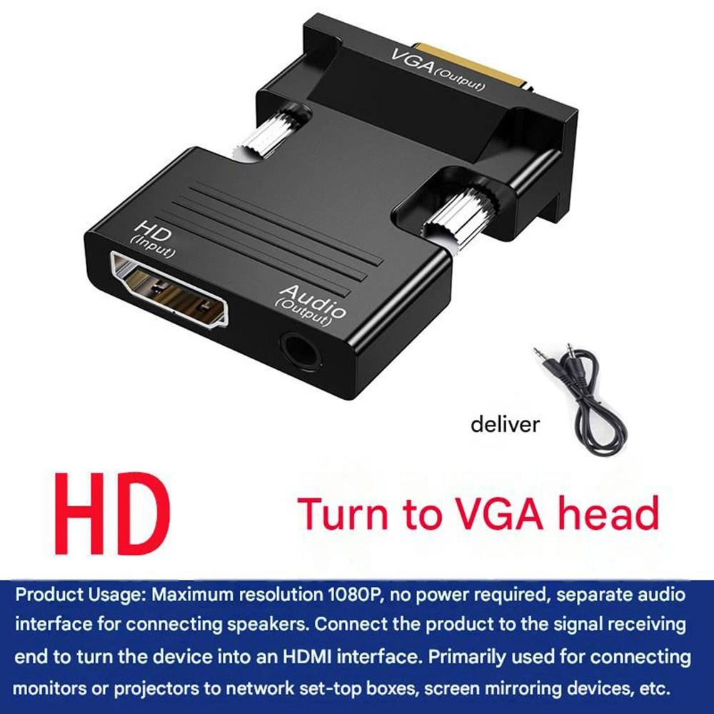 Hdmi-zu-vga-konverter, 1 Stück Mit Audio – Vergoldeter Videoadapter Für Fernseher, Monitor, Pc, Laptop, Netzwerk-set-top-box, Hd-kompatibel, Schwarz