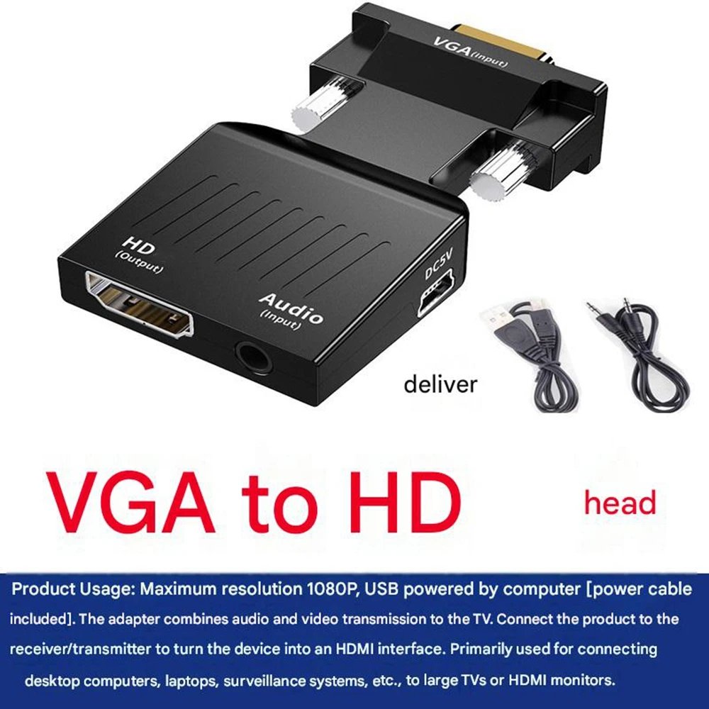 Hdmi-zu-vga-konverter Mit Audio (1 Stück) – Vergoldeter Videoadapter Für Fernseher, Monitor, Pc, Laptop, Hd-netzwerkbox, Schwarz