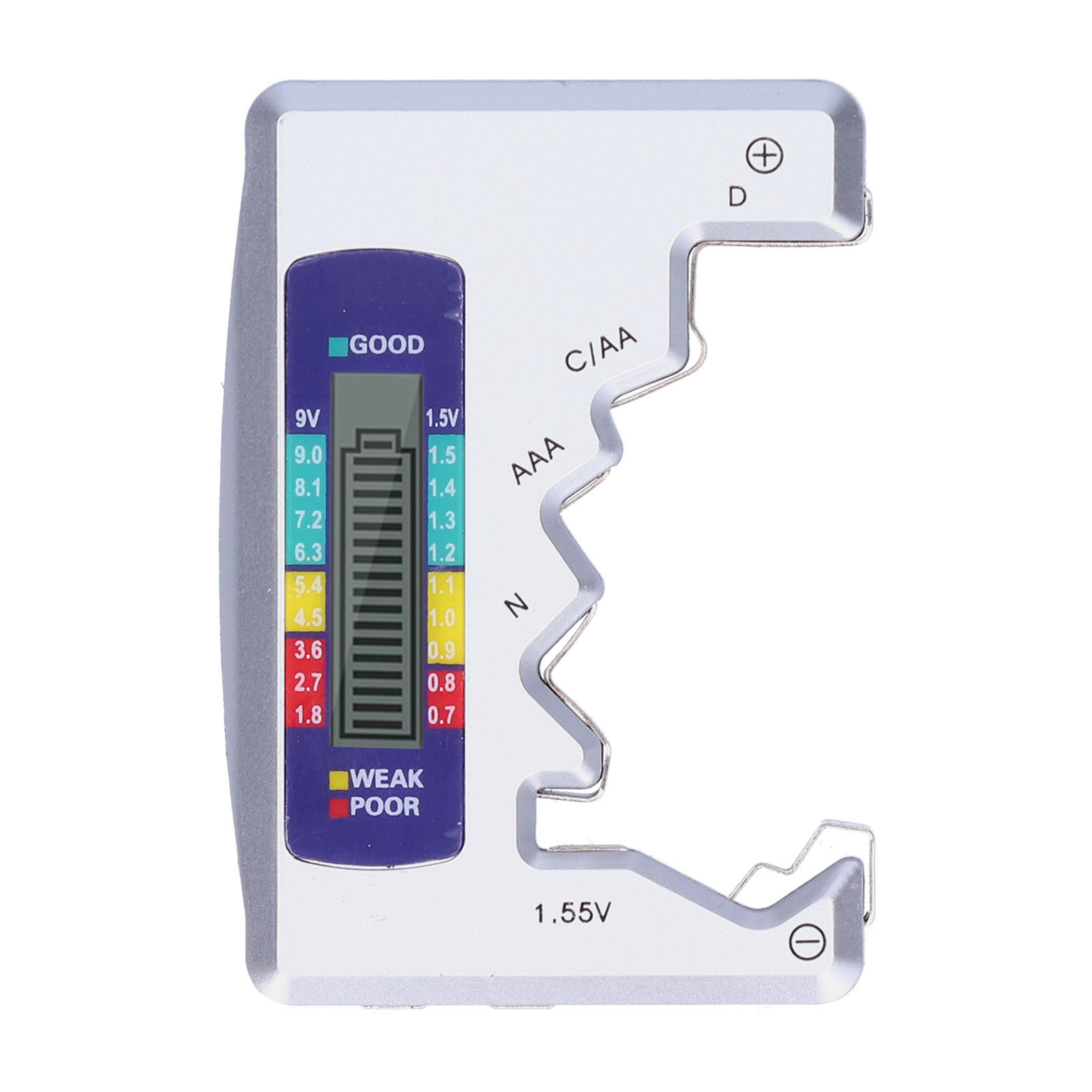 Universeller Batterietester Für Den Haushalt, Kapazitätsprüfer Für Dc Aa Aaa N 9v Knopfzellen, Silber