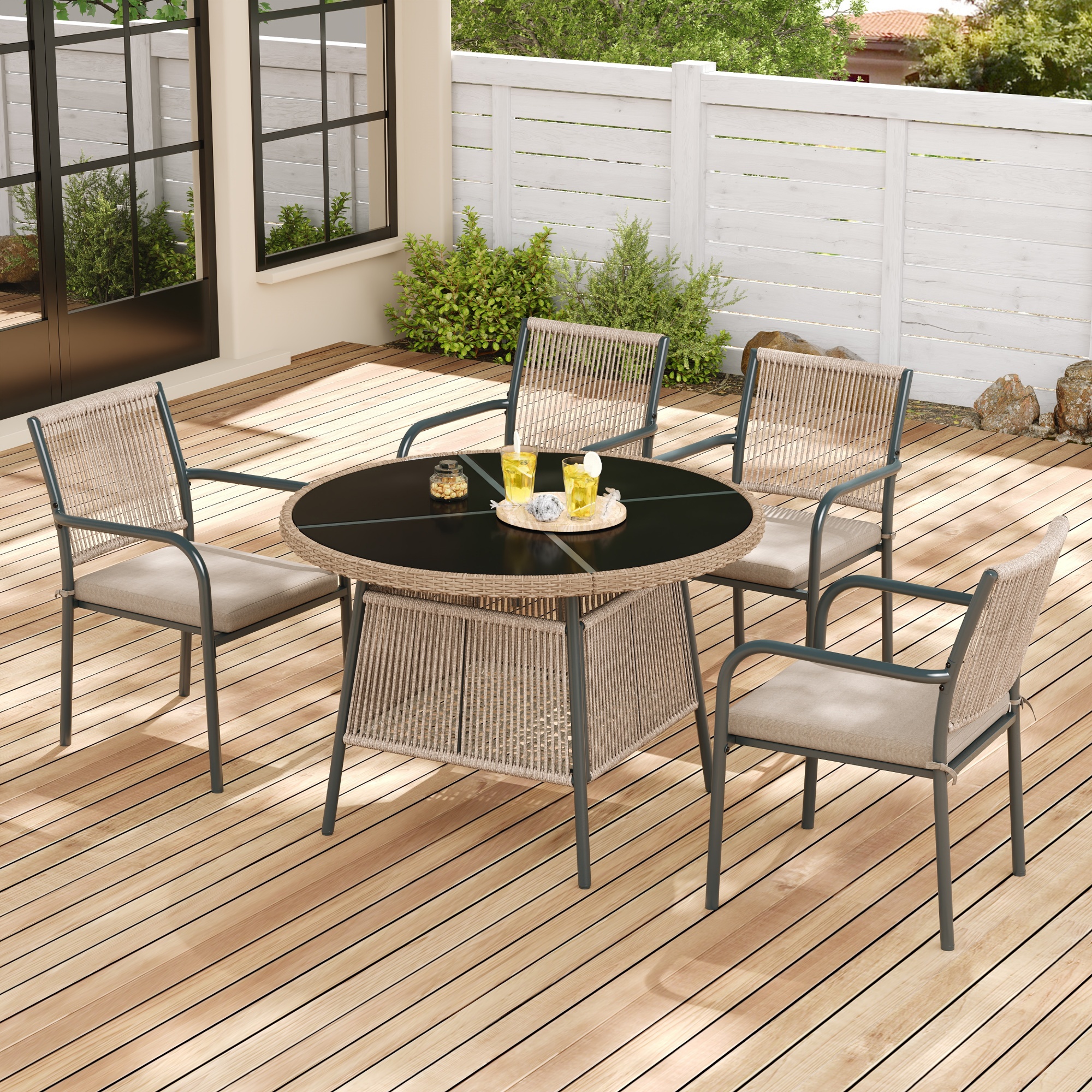 Garten-essgruppe Für 4 Personen, Runder Tisch Mit Sicherheitsglasplatte Und 4 Sesseln Für Terrasse Und Balkon, Grau