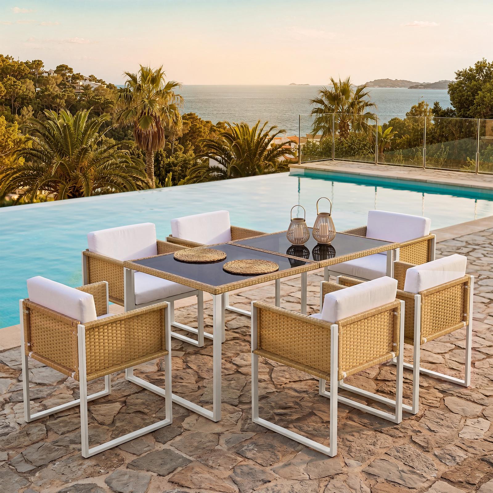 Gartenlounge 6-sitzer, Outdoor-essgruppe Mit Tisch Und Stühlen Für Terrasse, Hartglasplatte Und Abnehmbare Kissenbezüge, Braun Und Weiß