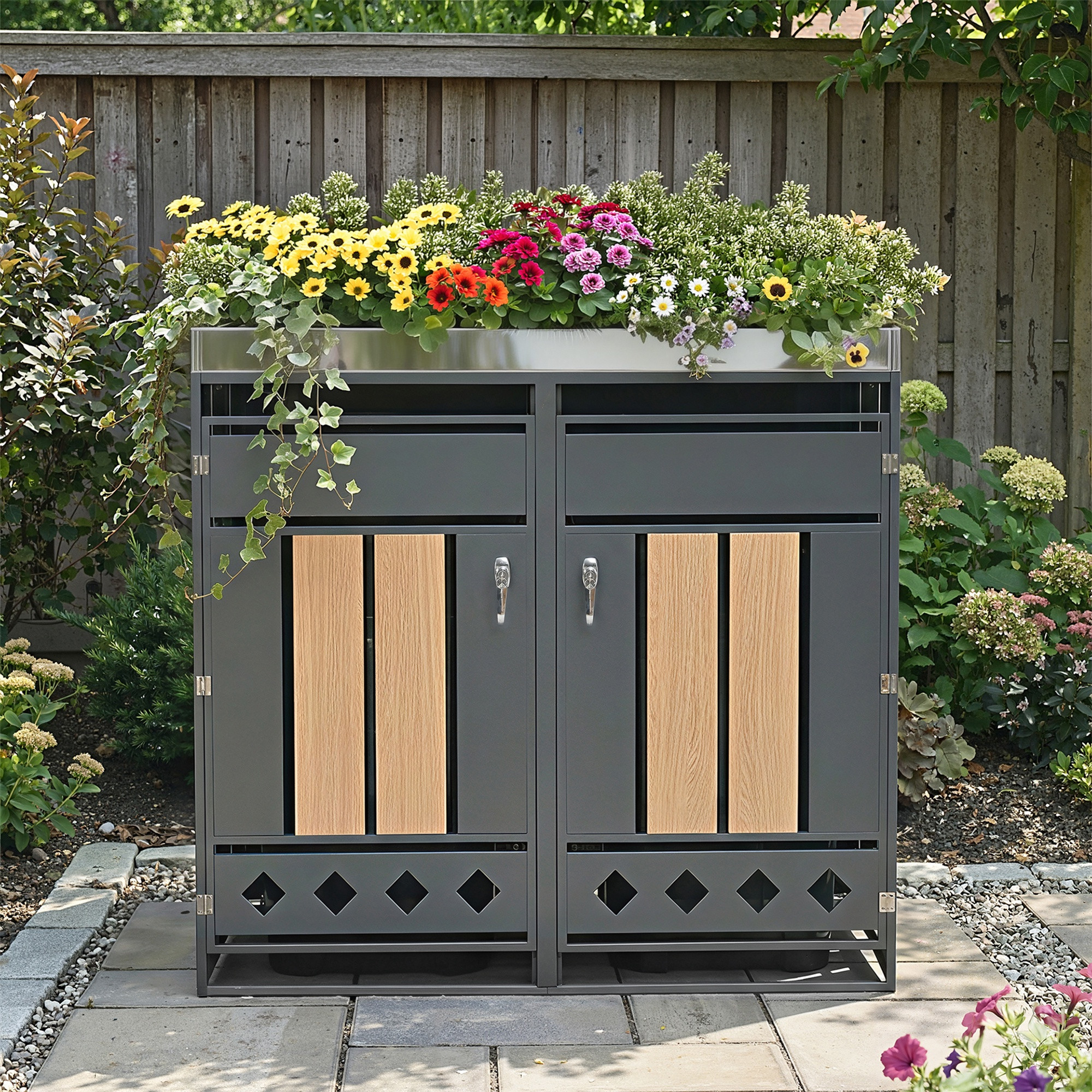 Doppel-mülltonnenbox, 132 × 80 × 124,5 Cm, Outdoor-verkleidung Für 2 Mülltonnen Mit Integriertem Pflanzkasten, Grau/holz