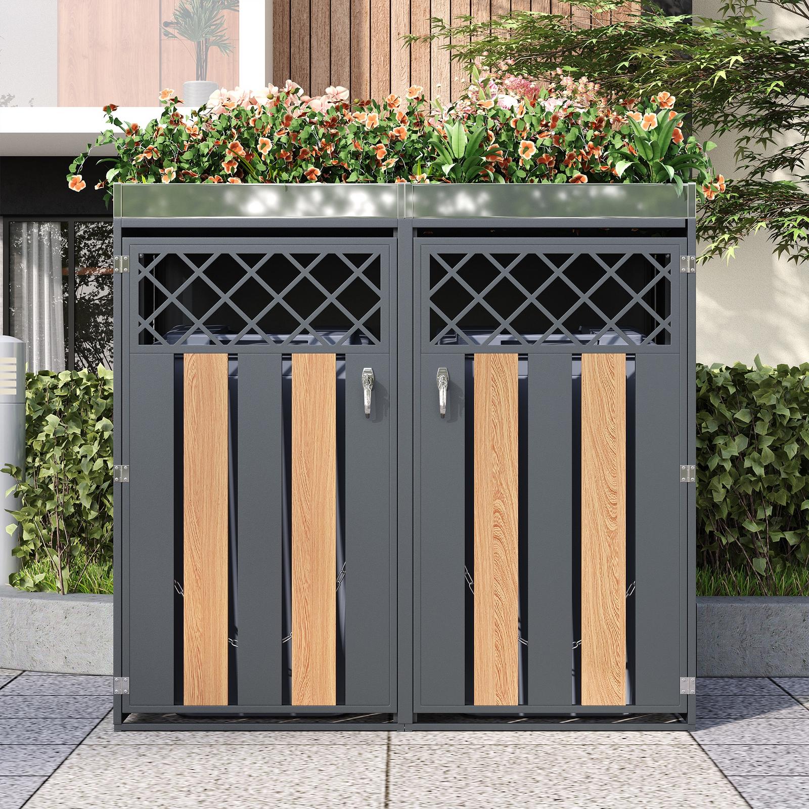 Doppel-mülltonnenbox, 132 × 80 × 124,5 Cm, Outdoor-mülltonnenverkleidung Mit Pflanzkasten Und 2 Abschließbaren Türen, Grau/holz