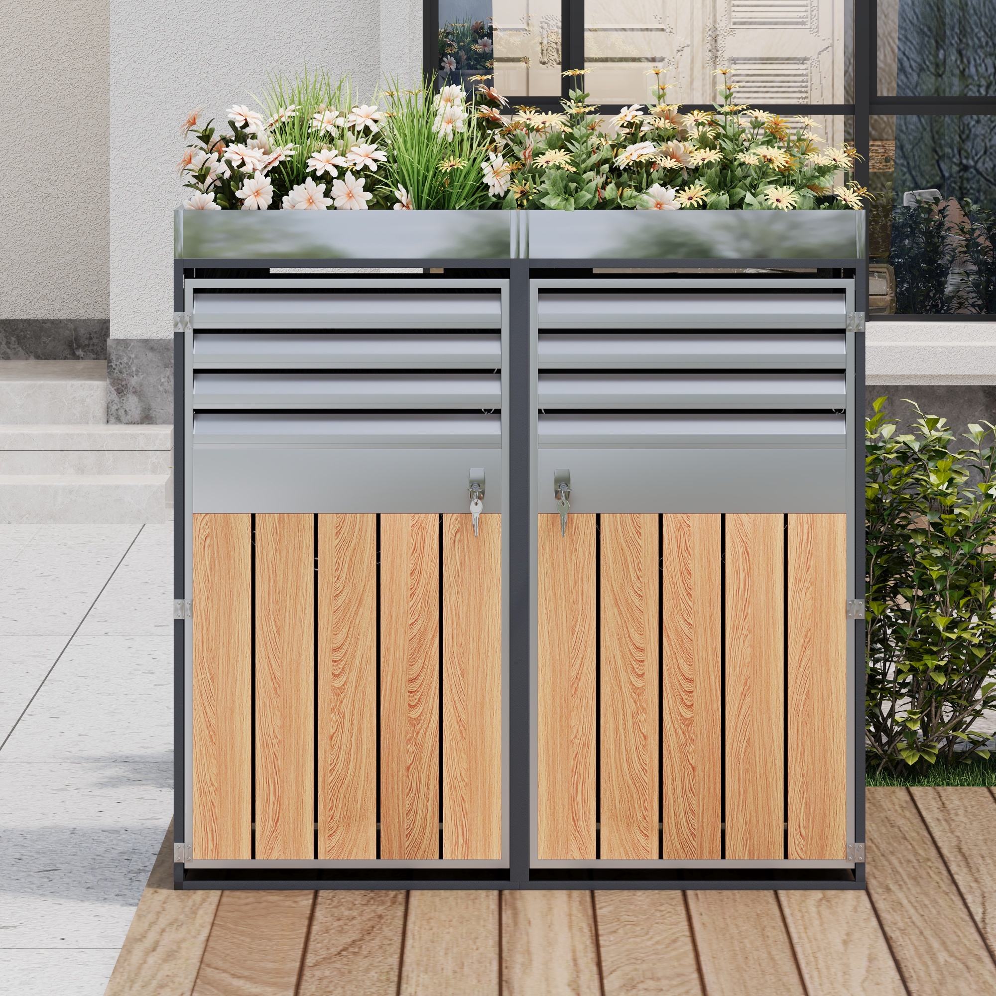 Mülltonnenbox Für 2 Tonnen, 132 × 80 × 124,5 Cm, Outdoor-mülltonnenverkleidung Mit Pflanzkasten Und Lamellentüren, Holzoptik, Grau/holz