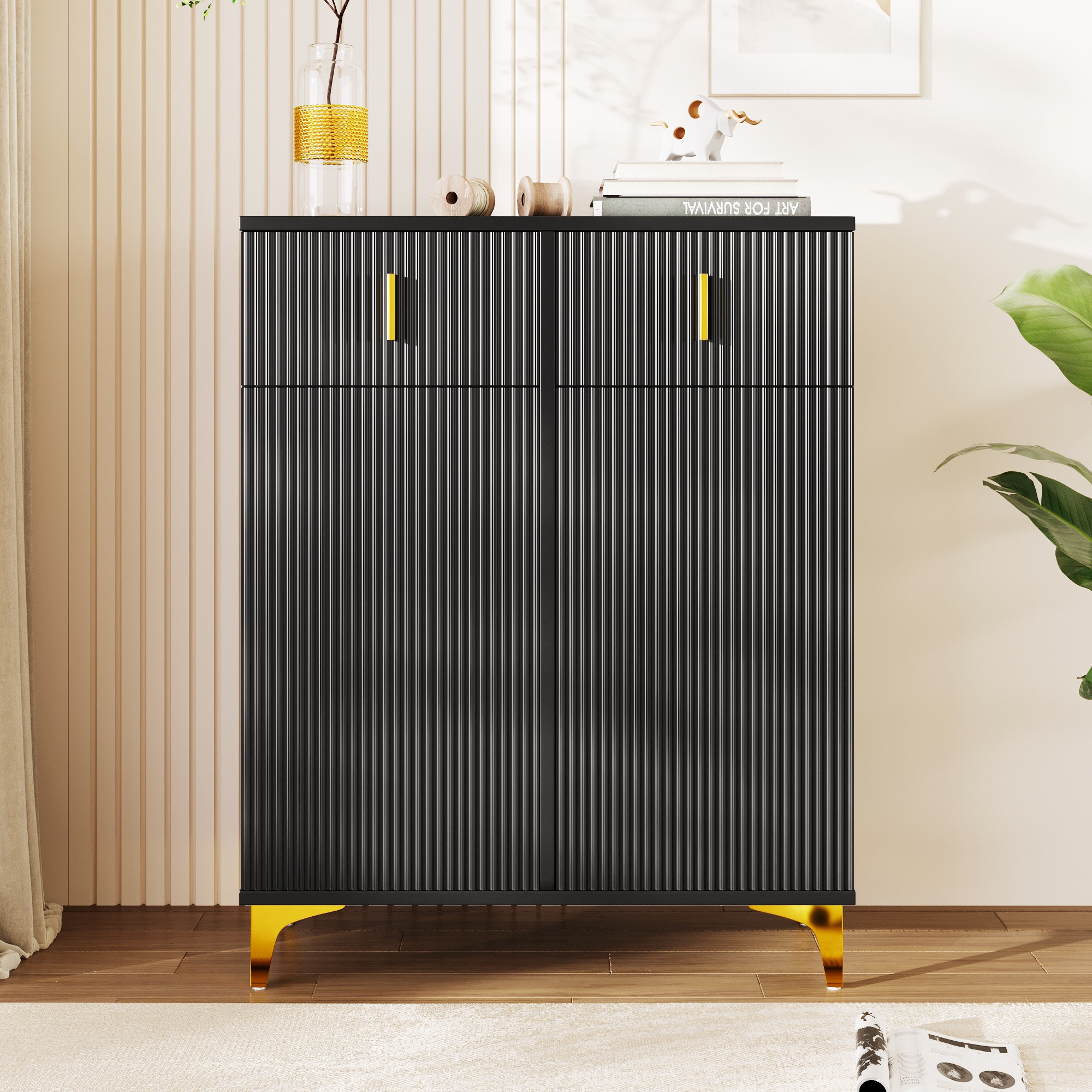 Schuhschrank Für Die Diele, Modernes Design Mit 2 Türen Und 2 Schubladen, Strukturierte Fronten Und Goldfarbene Beine, 83 X 35 X 101 Cm, Schwarz