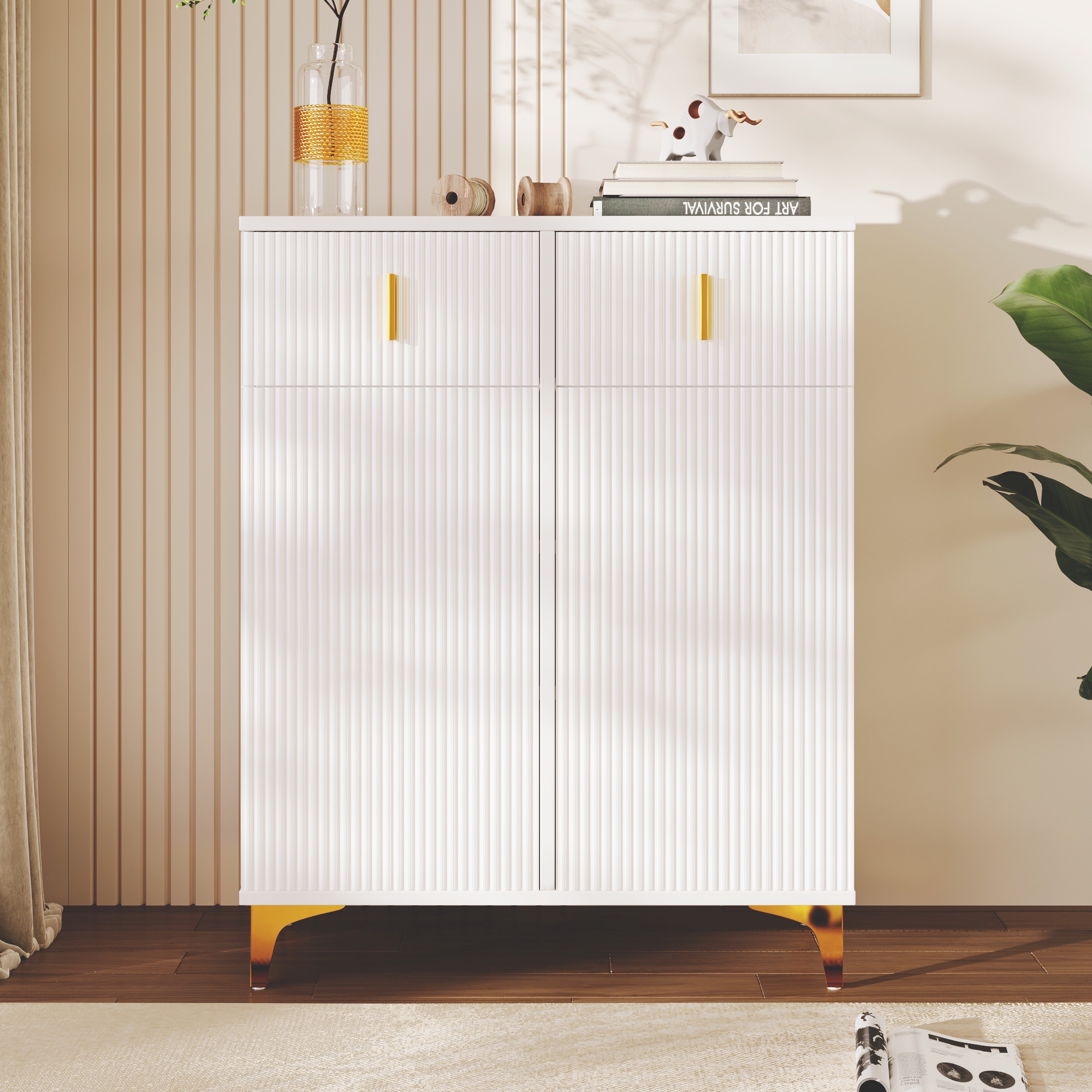Schuhschrank Und Sideboard Für Flur, Wohnzimmer Und Diele, Moderne Aufbewahrungskommode Mit Relief-front, 2 Schubladen, 2 Türen, Goldfarbenen Beinen Und Verstellbaren Einlegeböden, Weiß