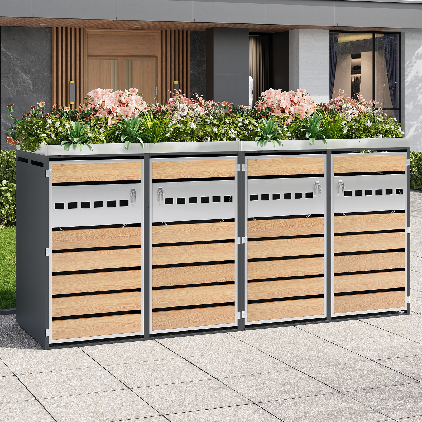 Mülltonnenbox 4 Fächer Mit Pflanzfläche, Abschließbar, Verzinkter Stahl, Belüftungslöcher, Mülltonnenverkleidung Für Garten Hof Außenbereich