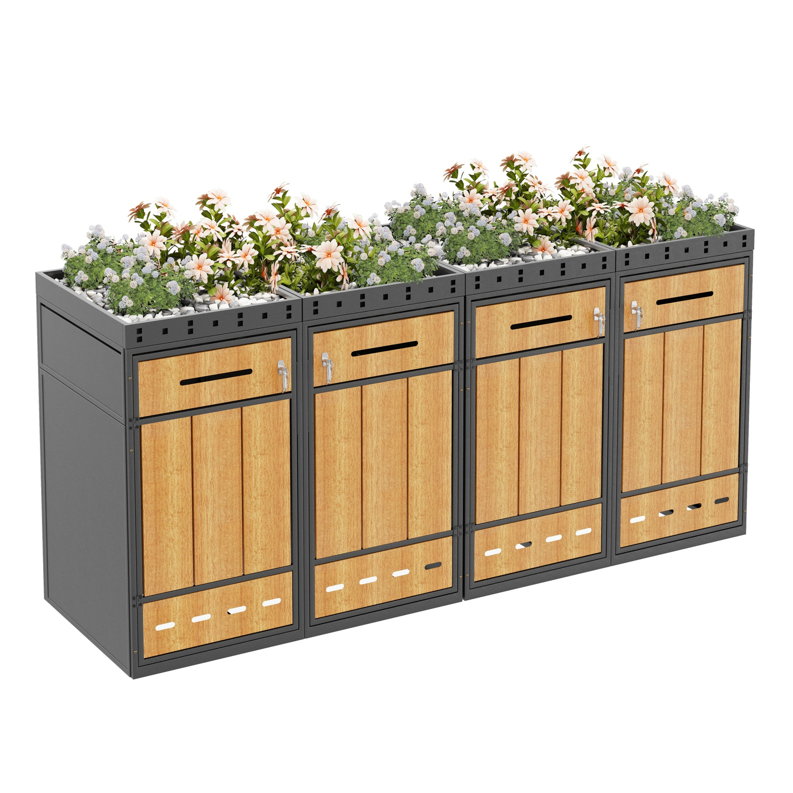 Mülltonnenbox 4er Set Für 120-240l Mülltonnen, Mülltonnenverkleidung Mit Pflanzdach, Stahl Mülltonnenschrank In Holzoptik Grau
