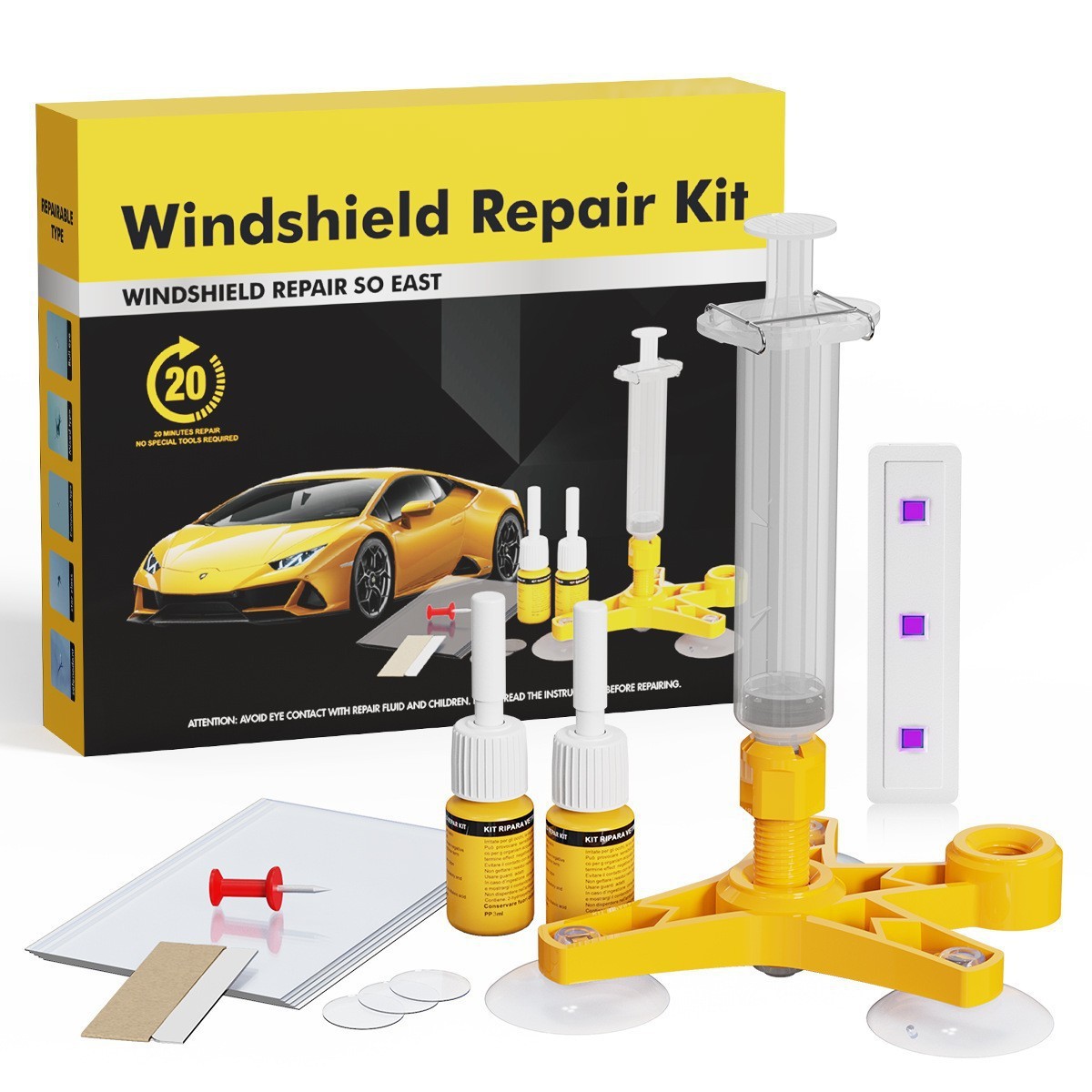 Auto-windschutzscheiben-reparaturset, Inklusive Einer Typ-c-härtungslampe Zur Schnellen Reparatur Von Rissen, Absplitterungen Und Kratzern Unsichtbare Glasreparaturflüssigkeit Werkzeuge Für Die Auto-w