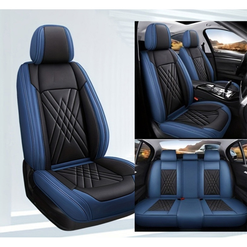 Komplettset Luxuriöser, Universeller Ledersitzbezüge In Blau Und Schwarz Für Vorder- Und Rücksitze.