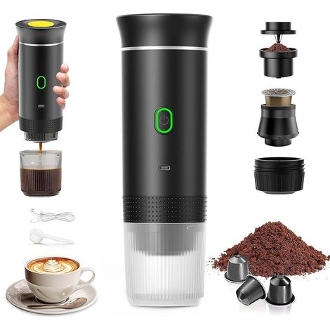 Pair Inhhub Tragbare Reisekaffeemaschine, 3-in-1 Schnellaufheizende Tragbare Kaffeemaschine 12 V, 4-6 Minuten Selbsterhitzung, Große Kapseln, Gemahlener Kaffee, Für Camping, Büro, Zuhause, Auto, Schwa